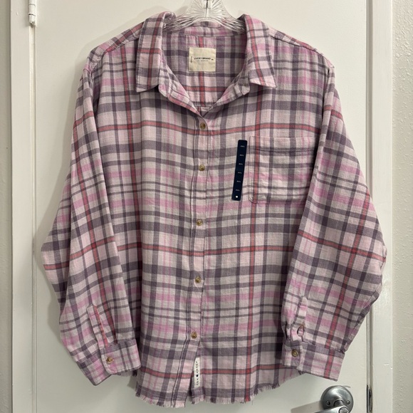 Lucky Brand Women's Pink Flannel Plaid Raw Hem Long Sleeve Shirt 100% Cotton 2x - Picture 1 of 9